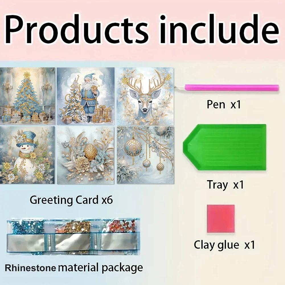 6Pcs Christmas DIY Diamond Painting Card Rhinestone Painting Card Kit Diamond Painting Greeting Card for Holiday Party Favors