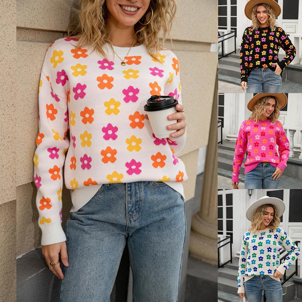 Autumn New Pullover Crew Neck Sweater Women's Versatile Flower Printing Warm Threaded Long Sleeve Knitted Top Women's