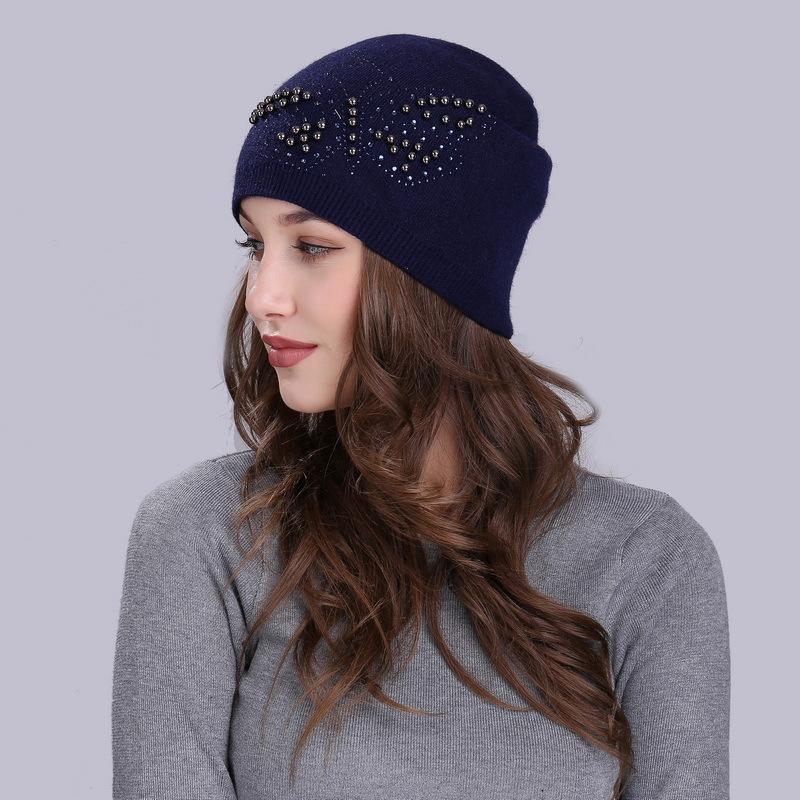 Lady Wool Knitted Hat Girls Cashmere Winter Warm Hat Female Knit Skullies Beanies Hats Knitted Cap Adjustable Solid Color B-9440