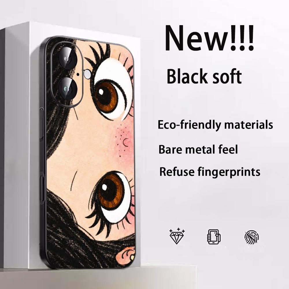 Big-eyed Cute Girl Cartoon Design Phone Case For iPhone 17 16 E 15 14 13 12 Plus Mini Pro Max Soft Black Shockproof Cover