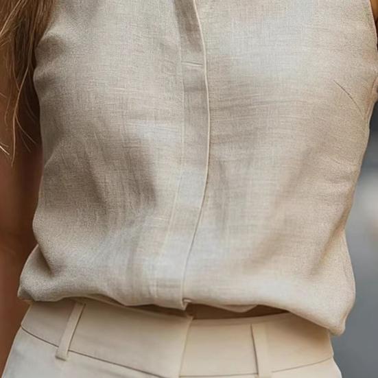 Women Tops Stand Collar Sleeveless Slim Fit Shirt Tops Pure Color Casual Shirt Summer Work Party Date Wear