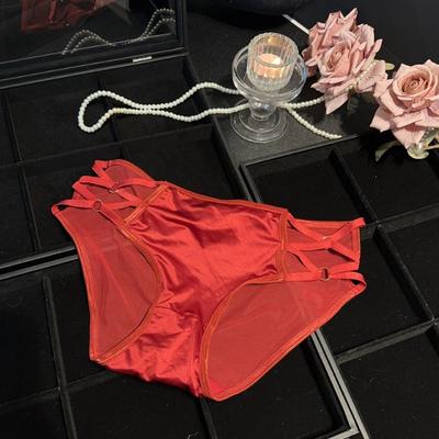 Sexy damesonderbroek van satijn met gekruiste kanten details en fijne linten, ademend mesh.