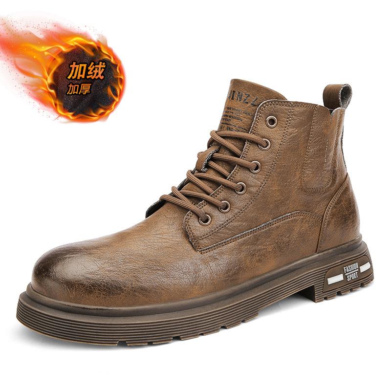 

Autumn and winter polished leather Martin boots high-top lace-up casual sports tooling shoes outdoor velvet men s warm leather boots 38