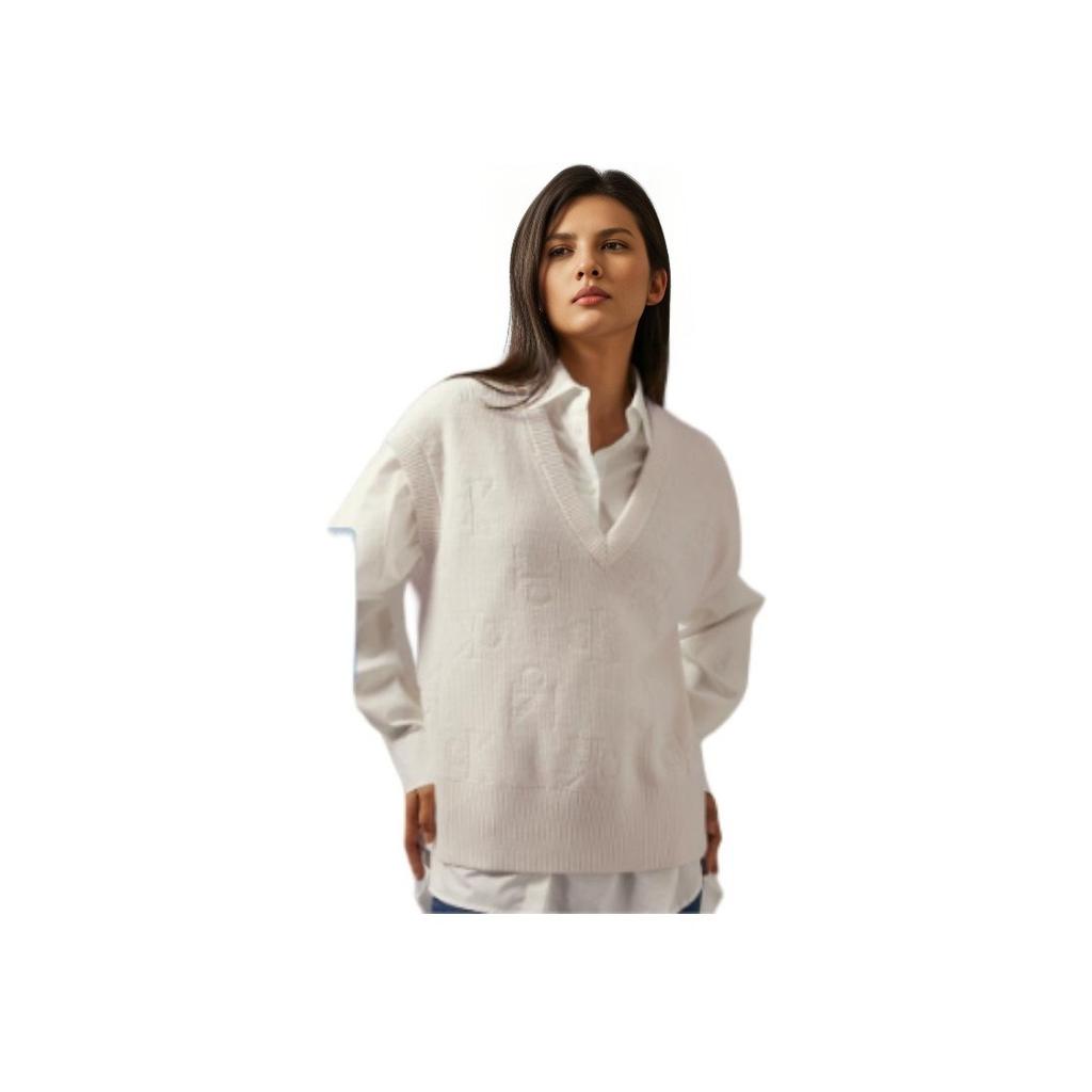 Calvin Klein Casual Minimalist Letter Jacquard V-Neck Knit Vest Women Vest Milk-White J224560