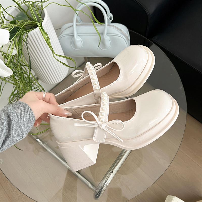 

High Heel JK Women Mary Jane Shoes Fashion Pearl Decoration Pumps Ladies Outdoor Slip On Thick Bottom Shoes 35 бежевый