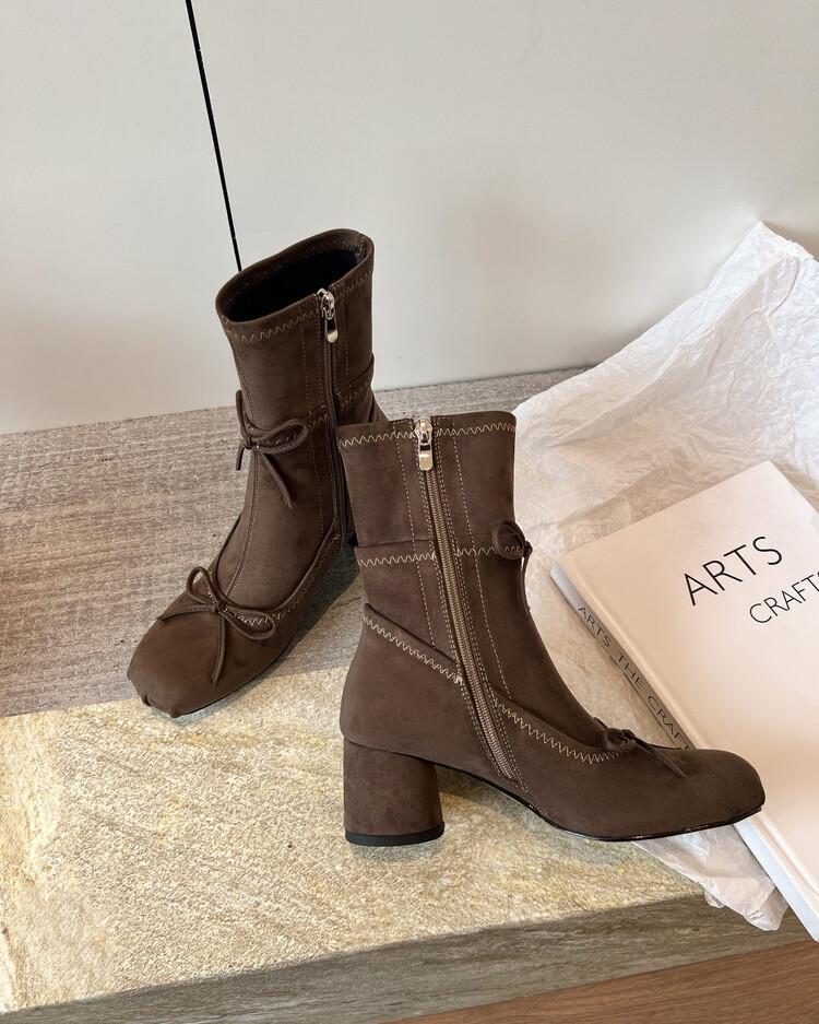 

Korean version 2025 autumn and winter new sweet bow cashmere round head thick heel thin boots personalized versatile short boots 39