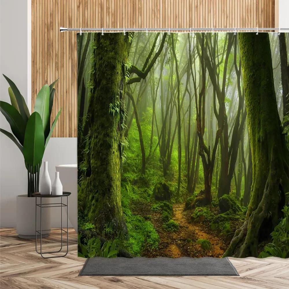 unframed Tropical Forest Shower Curtain, Nature Scenery Green Tundra Forest Waterfall River Animal Bridge, Bathroom Decorative