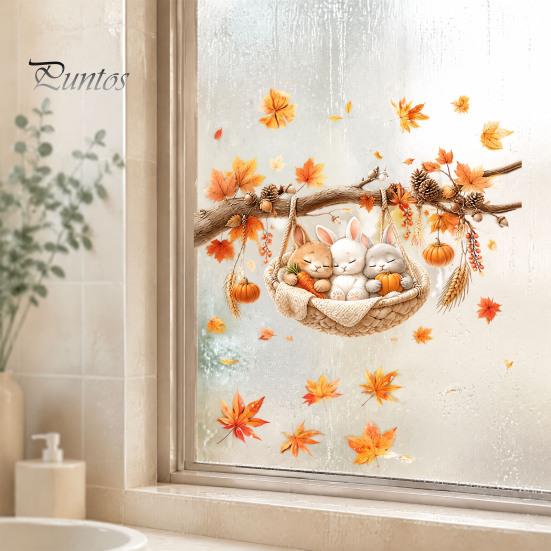 Seasonal Window Films 2Pcs Fall Maple Leaves Animals Static Stickers, Autumn Squirrel/Hedgehog/Rabbit/Raccoon Glass Removable Decor PVC Waterproof