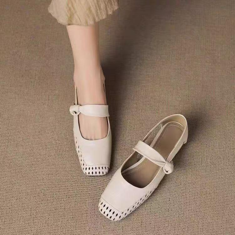 

French hollow single shoes women s summer 2025 new popular women s shoes breathable fashion square head not tired feet thick heel sandals 40