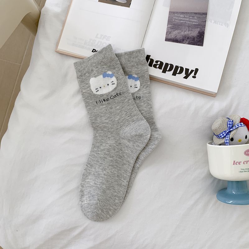Early Autumn Boneless Socks Flocked Korean Cute Cartoon Bow Cat Mid-Tube Socks Versatile Socks Cotton Socks