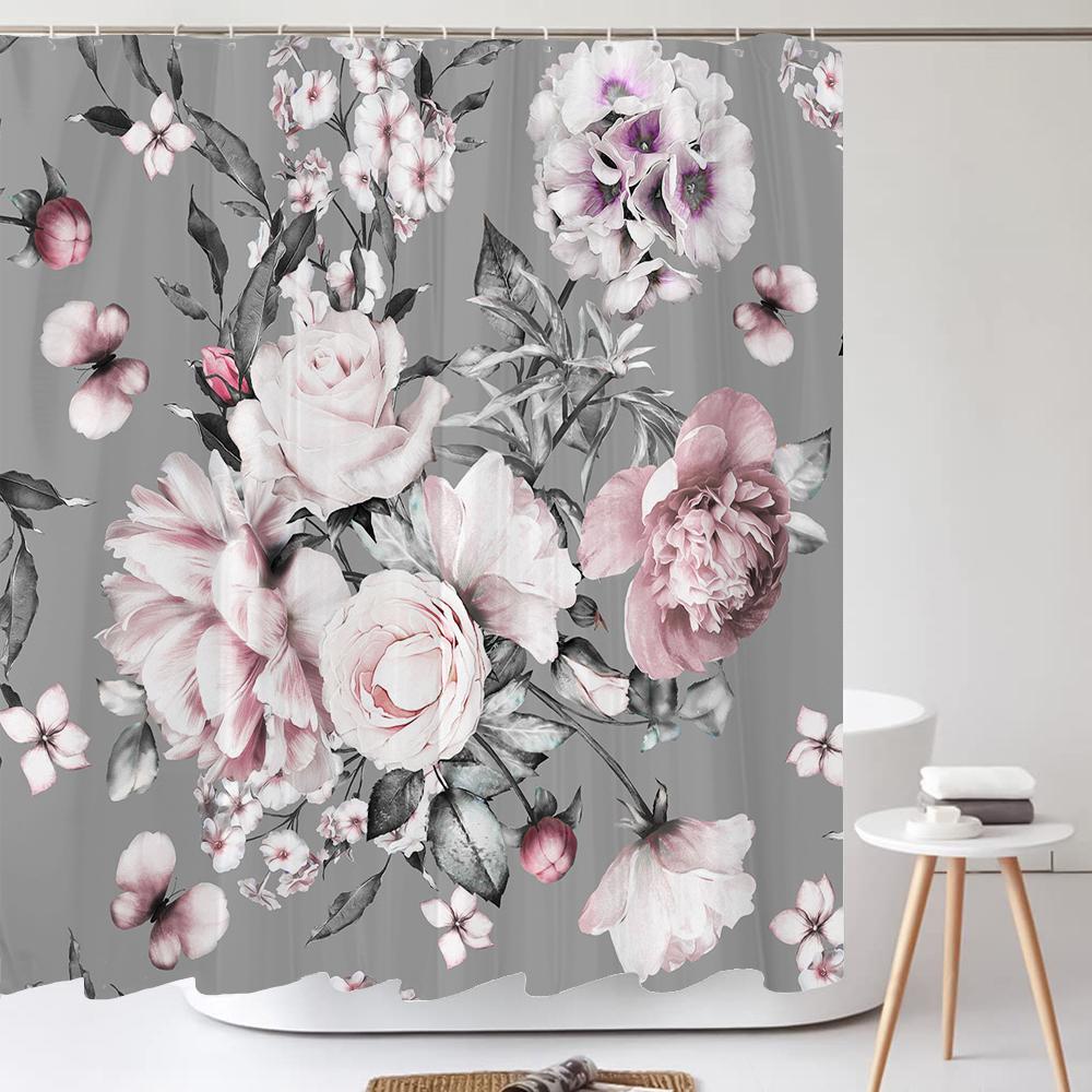 Flowers Shower Curtain Watercolor Flower Bath Curtain Print Polyester Fabric Waterproof Bathroom Curtains with Hooks Bath Screen