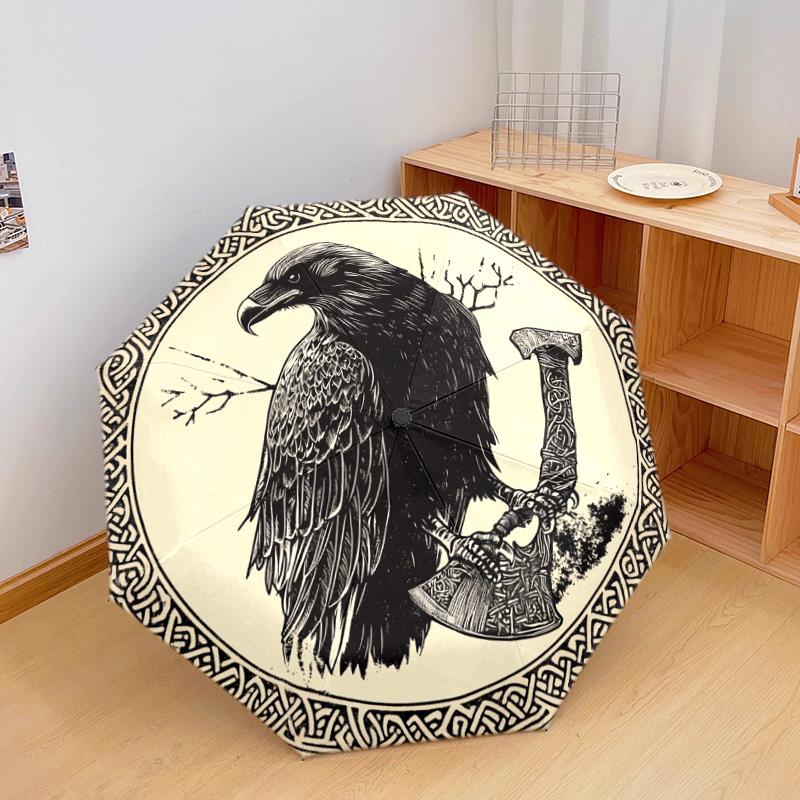 1 PC Automatic Folding Umbrella - Celtic Raven and Axes Pattern, Portable & Foldable Design with 8 Ribs, Christmas Birthday Gifts