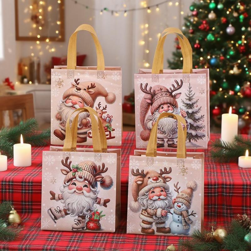 12 Vintage Christmas Gift Bags - Santa Claus, Reindeer, Snowflake Patterns - Beige and Brown Holiday Party Gift Bags, Non-woven