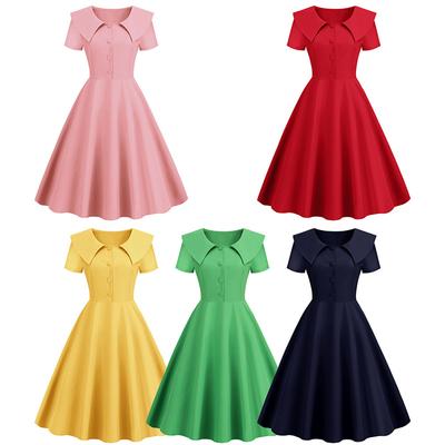 Retro Kadın Elbisesi Yakası Kısa Kollu A Kesim Büyük Salıncak Düğmeleri Slim Fit Düz Renk 50'ler Balosu Midi Elbise