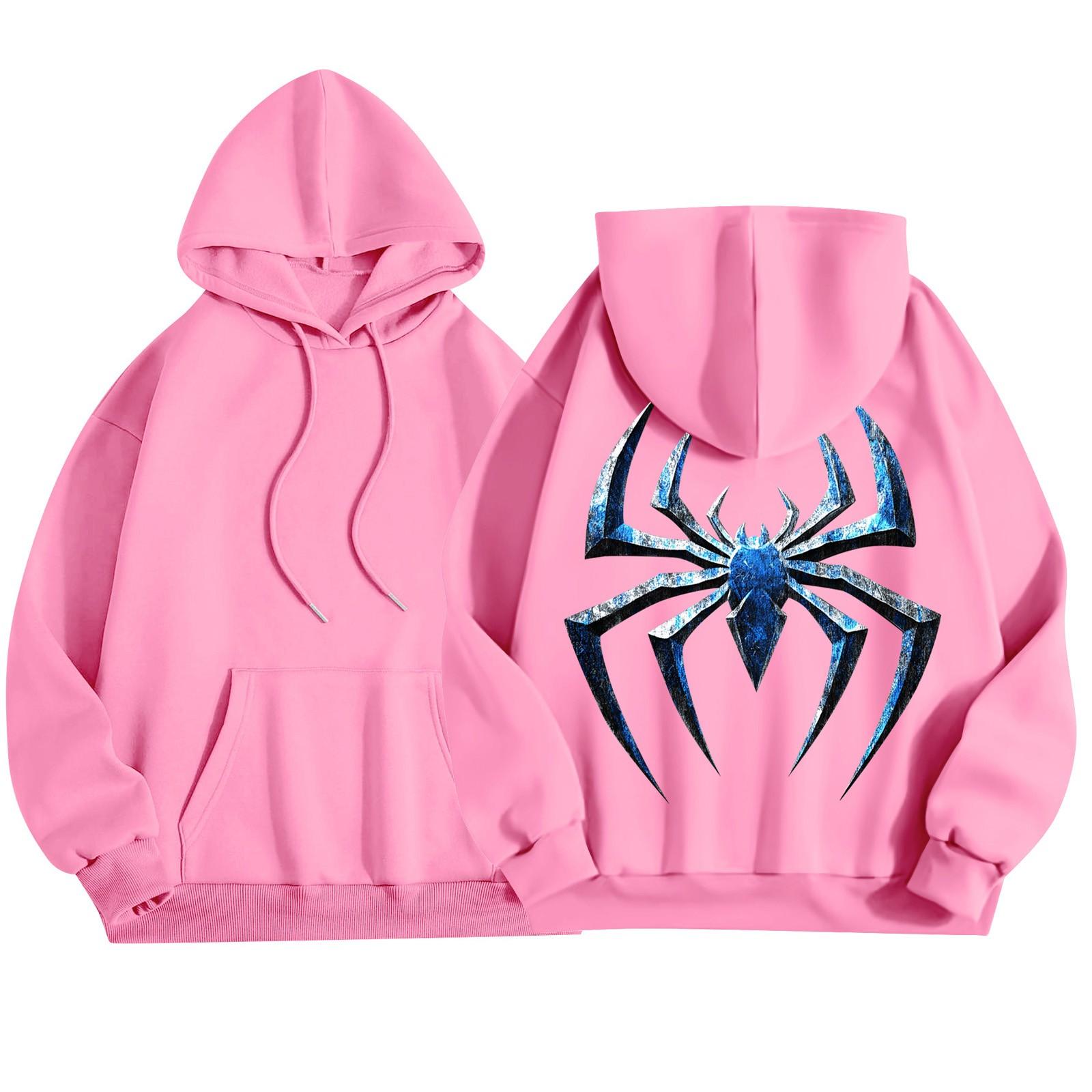 

Женский модный легкий свитер с длинными рукавами и карманами с капюшоном с принтом паука L розовый