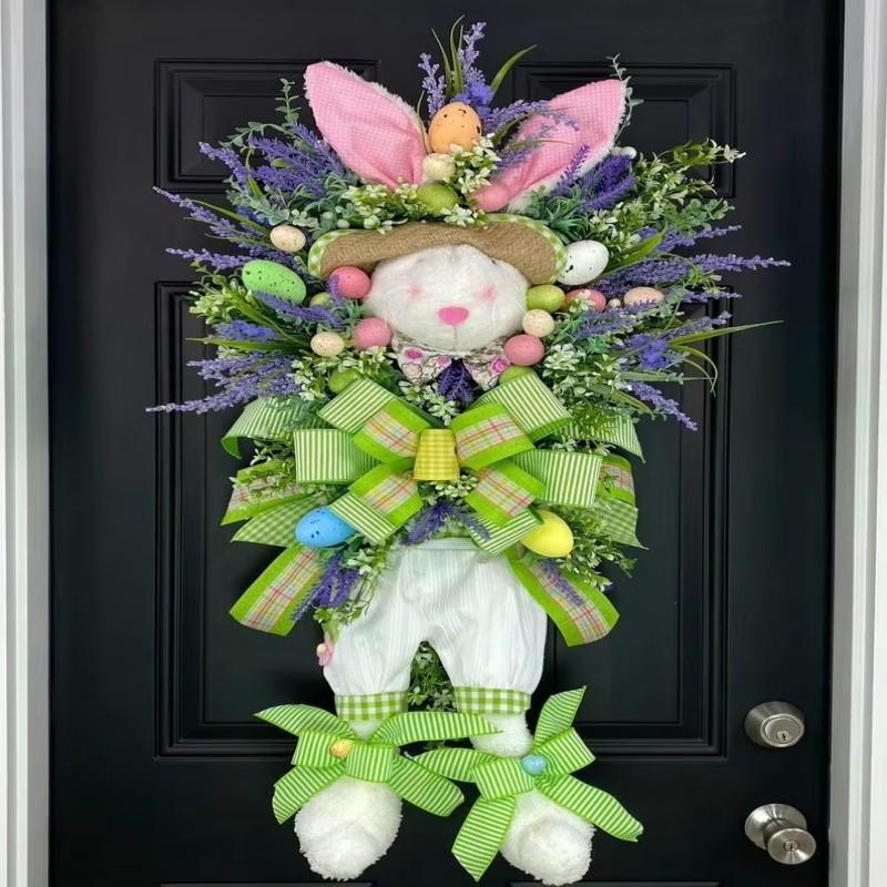 Easter Bunny Decorative Garland Pendant with Easter Cartoon Theme Simulated Plant Door Hanging Ornament Easter Bunny Door Hanger
