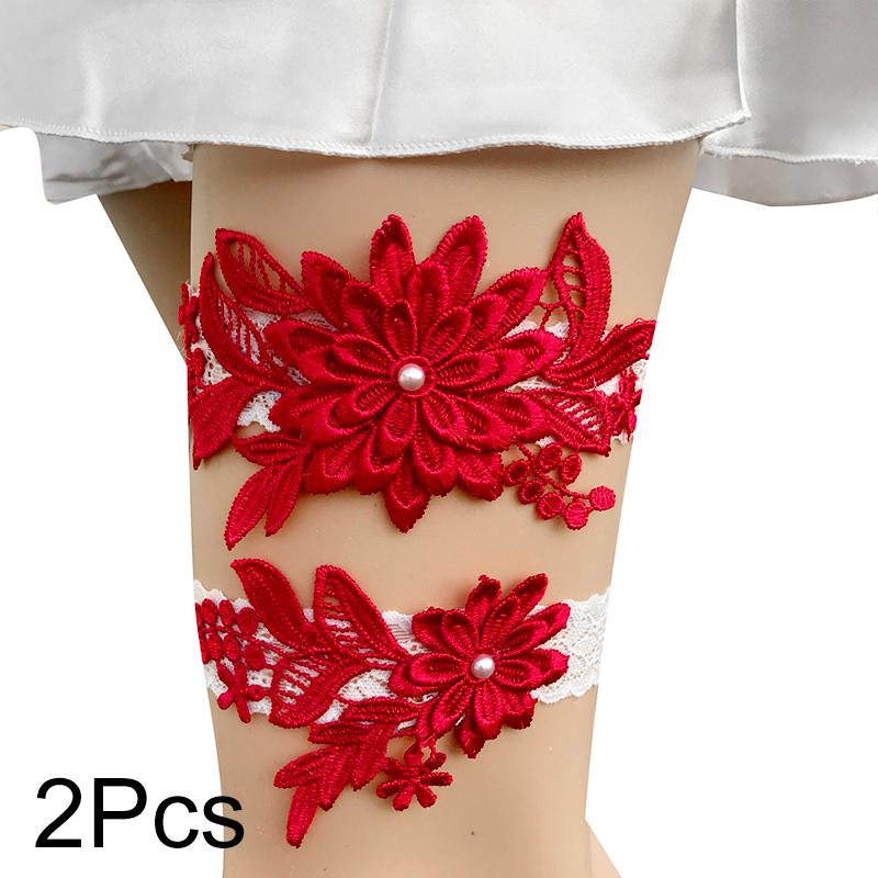 2 stücke Hochzeit Braut Strumpfbänder Spitze Blumen Nachahmung Perlen Elastische Bein Schleife Elegante Oberschenkel Bein Strumpfband Hochzeit Kleid Zubehör