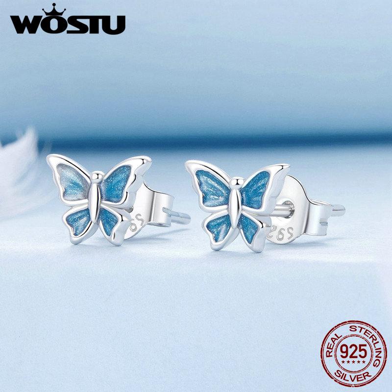 WOSTU 925 Sterling Silver Colorful Heart Stud Earrings Rainbow Unicorn Lightning Earrings For Women Fashion Silver Jewelry