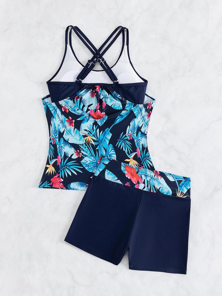 2025 European & American Print Tankini Swimsuit: Conservative Two-Piece with Shorts for Women
