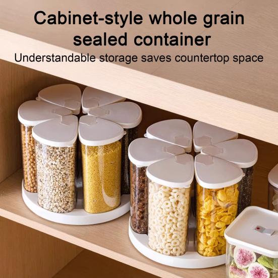 360-Degree Rotating Grain Dispenser Dry Food Storage Bin with Lids Cereal Dispenser with 6 Sealed Containers for Rice Beans Pasta