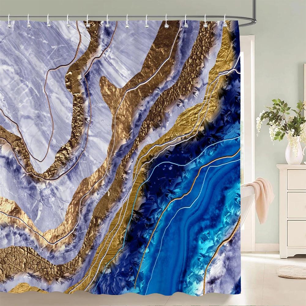Blue Gold Marble Ink Texture Shower Curtain Abstract Modern Shower Curtain for Bathroom Decor with Hooks 3D Bathroom Screen