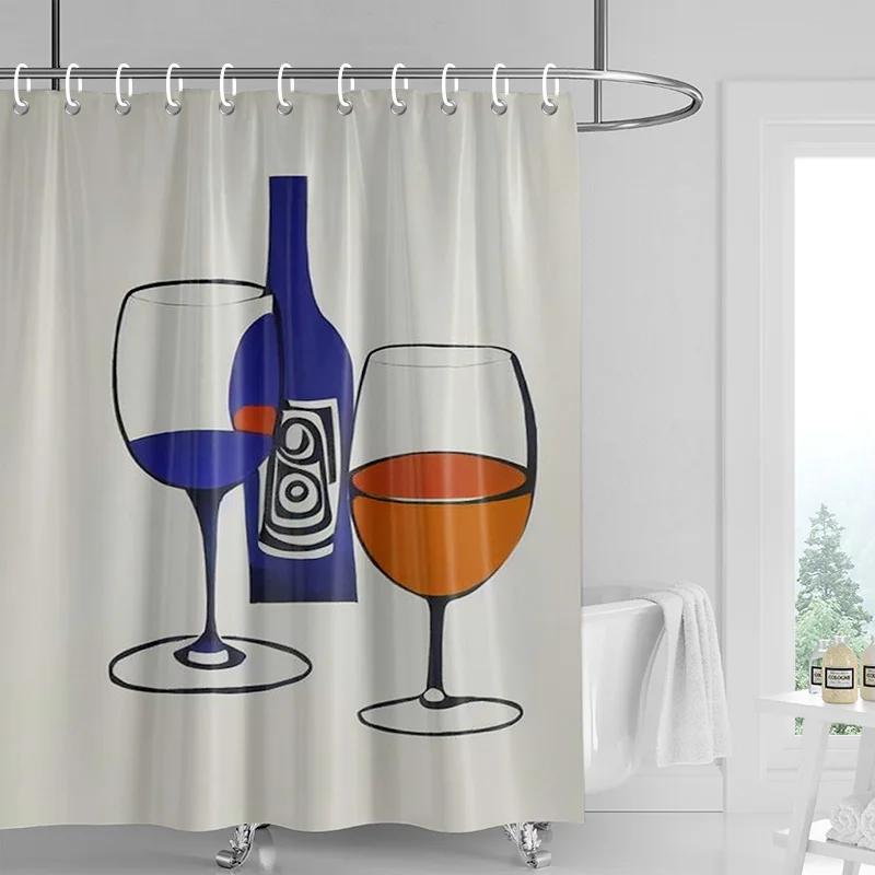 Abstraktní Umění Vína Sprchový Závěs Barevná Geometrická Koupelnová Dekorace s Ovocnými Motivmi, Vodotěsný Moderní Pop Art Design pro Domov