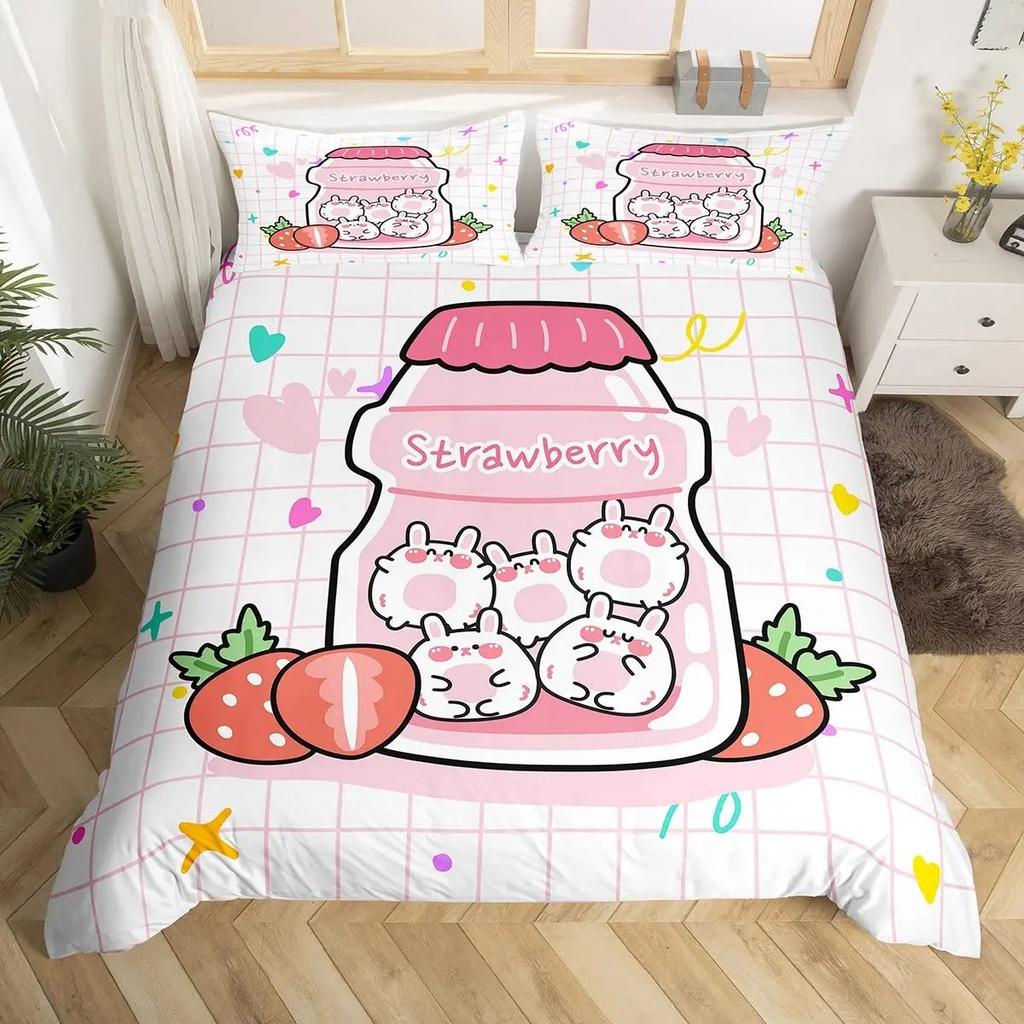 Sweet Strawberry Milk Duvet Cover King Queen Cute Bear Bedding Set Cartoon Fruits Animals Comforter Cover with 2 Pillowcases