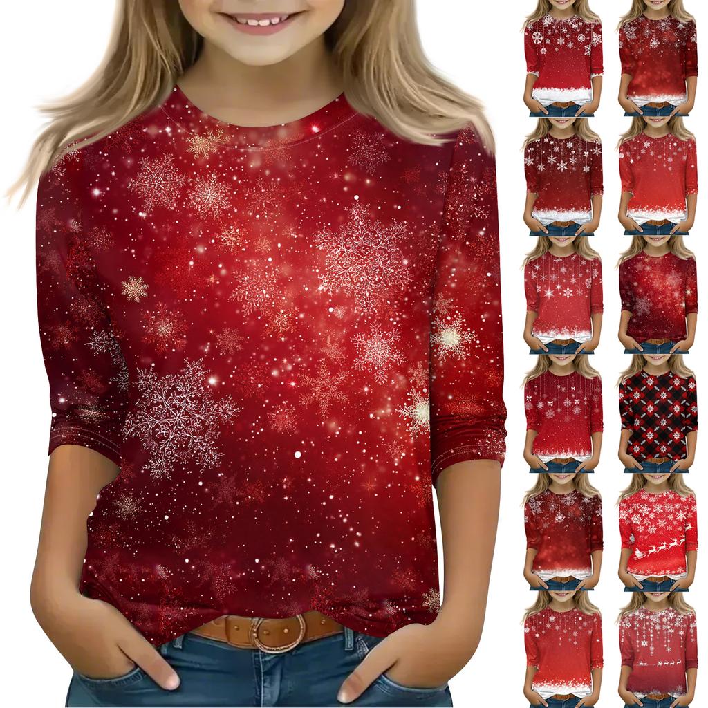 Christmas Day Print Tops For Youth Girls 4-11 Years Round Neck 3/4 Sleeves T-Shirts Trendy Tops Outfit Tees