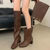 Eilyken Fashion Design Buckle Splicing Knee-High Boots Women Square Heels Low Shoes Elegant Modern Long Short Booties