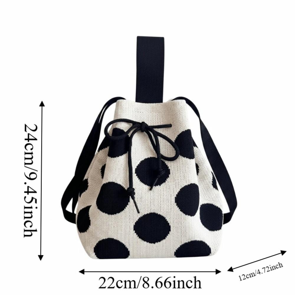 Lightweight Polka Dot Bucket Bag Patterned Drawstring Purse Shoulder Satchel Knit Tote Beach