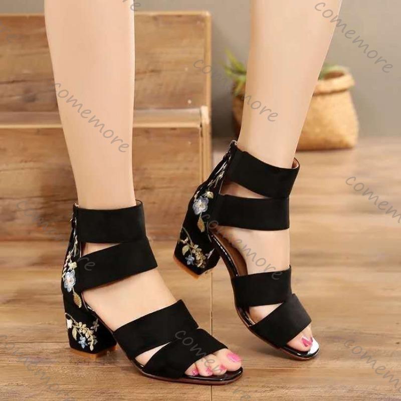 Comemore Black Embroidered Mid-heel Sandals Women Summer All-match Thick Heel Elegant Retro Open Toe Embroidered Shoes Women