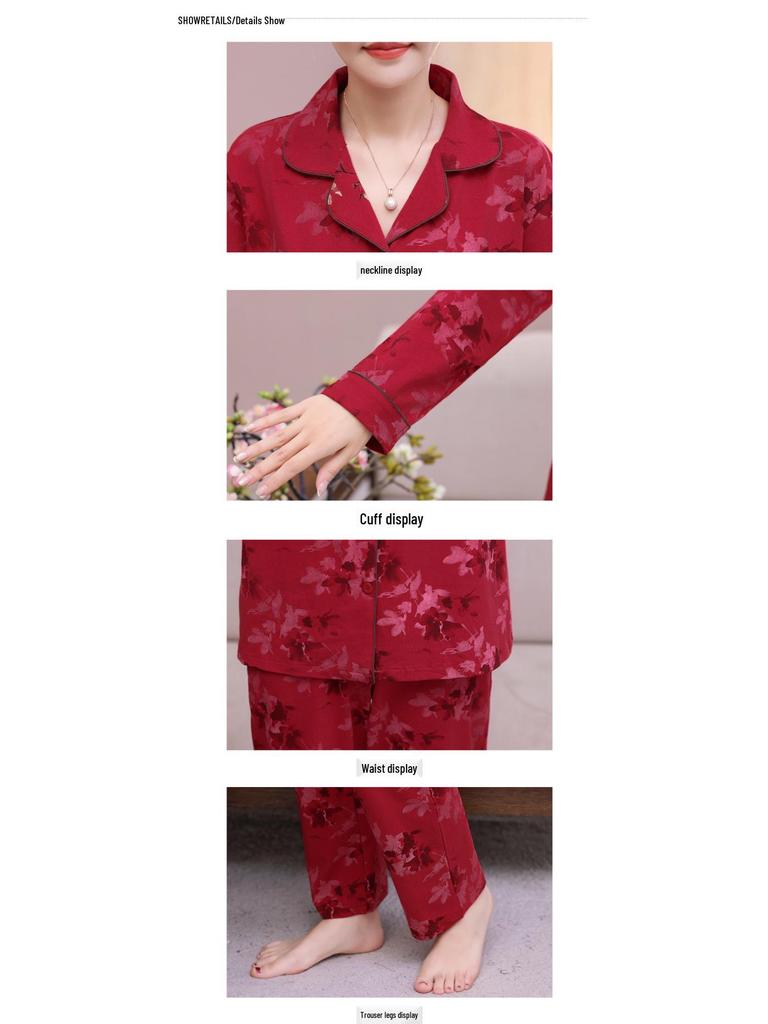 Festive Red Pure Cotton Long-Sleeve Pajama Set for Middle-Aged & Elderly Women (2026)