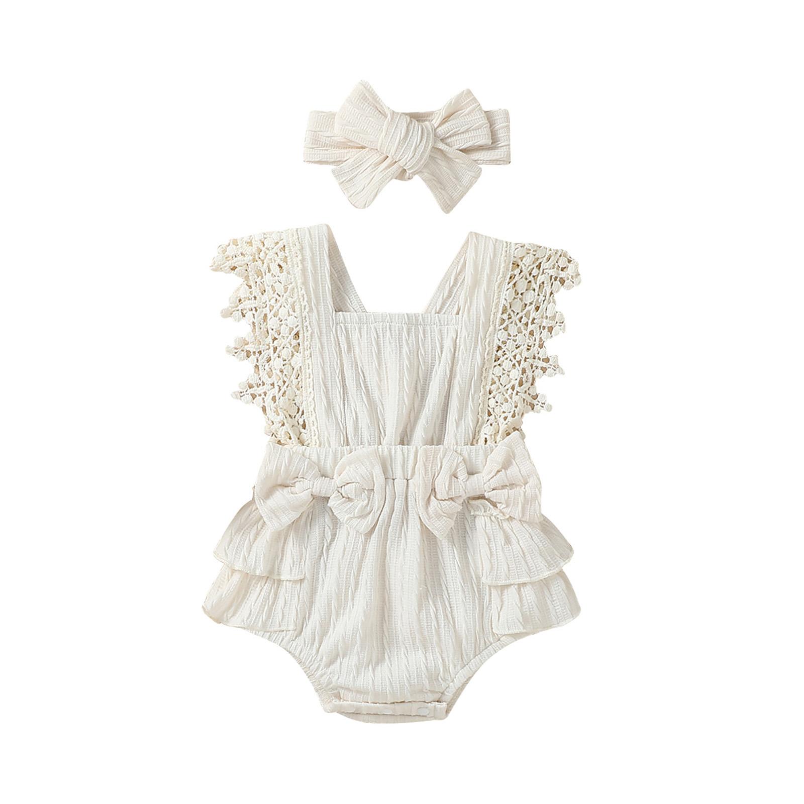 

Летний комбинезон для младенцев и девочек с кружевными рукавами, квадратным вырезом, бантом и повязкой на голову 0-3 Months абрикосовый