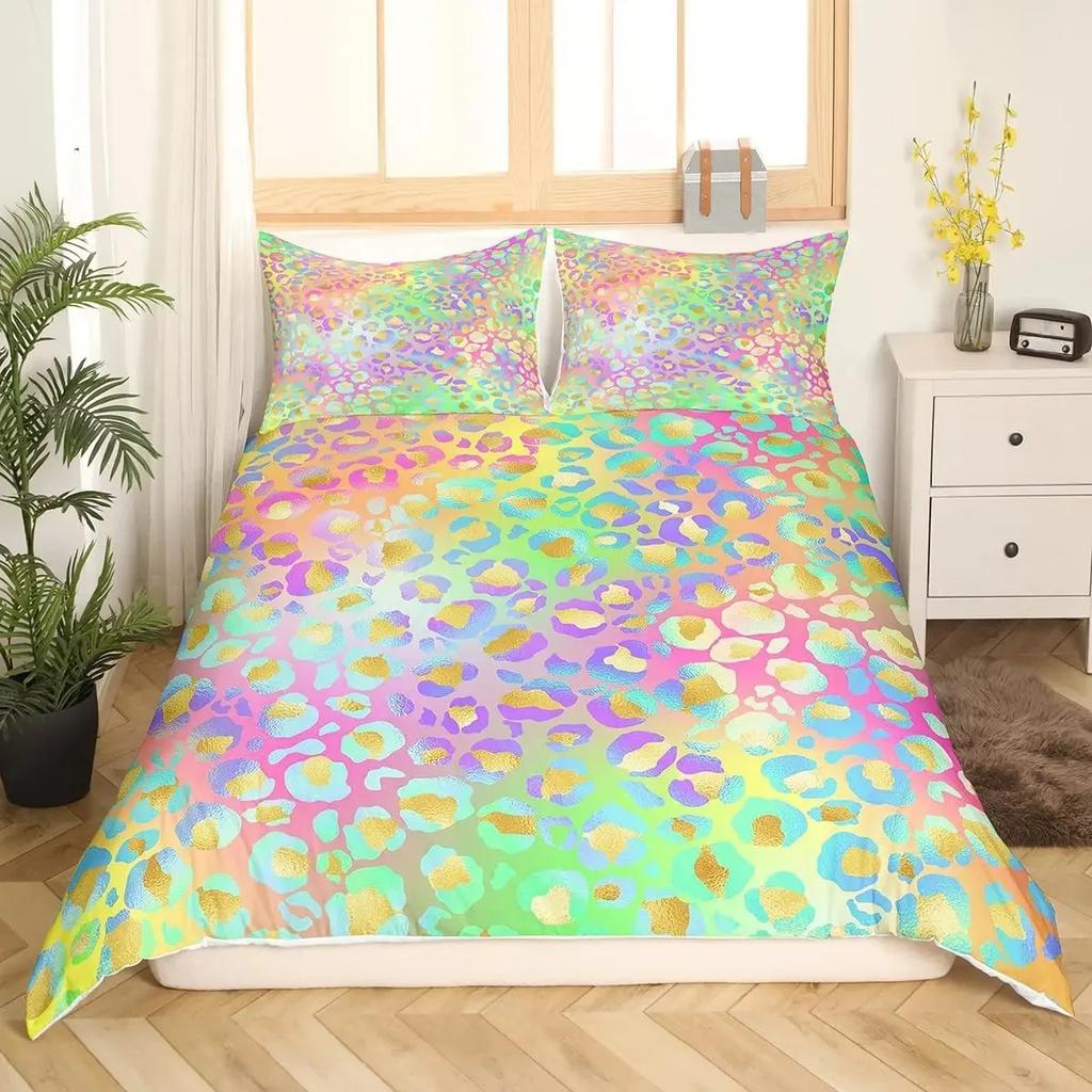 Leopardenmuster Bettbezug Rosa Pastell Gepard Bettbezug Tierdruck Bettwäsche Set Regenbogen Galaxie Tagesdecke King Size
