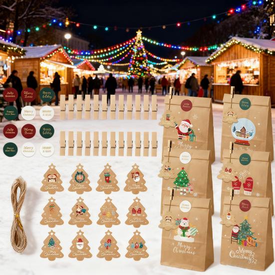 24Pcs/Set Christmas Gift Bag Santa Claus Snowman Deer Pattern Paper Treat Boxes Candy Packaging Festive Goodie Bags Decoration