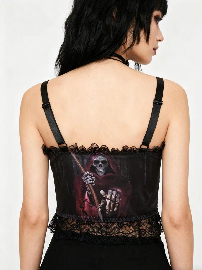 Tmavá gotická potisk Bůh smrti Krajková patchworková tílka - Rychlé doručení Hot Girl Crop Top
