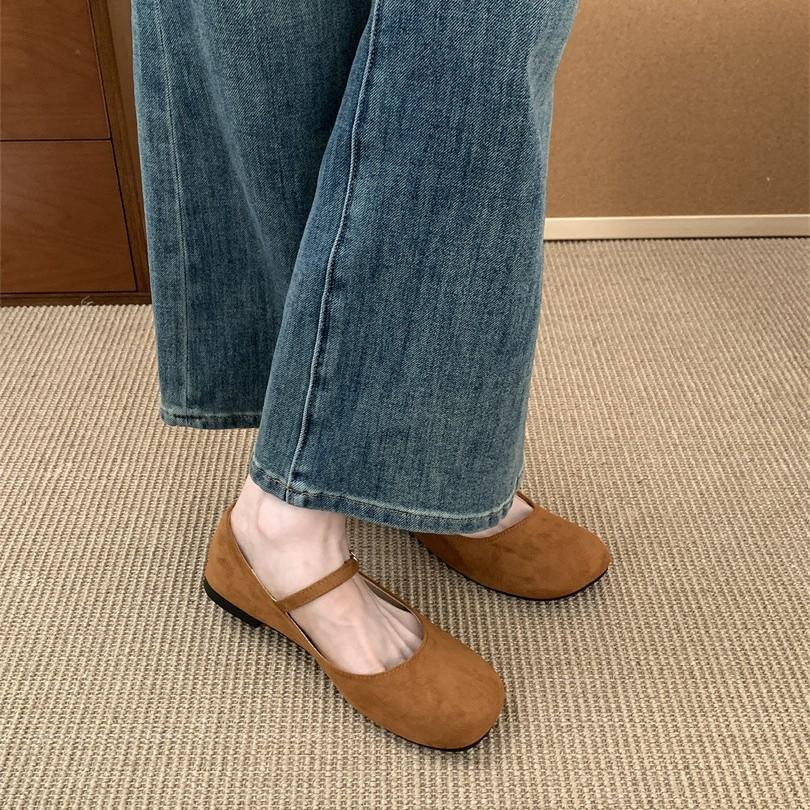 2025 Spring and Summer New Fairy Ballet Shoes Square Head Shallow Mouth Late Evening Wind One-word Buckle Mary Jane Shoes Suede Ladyshoes