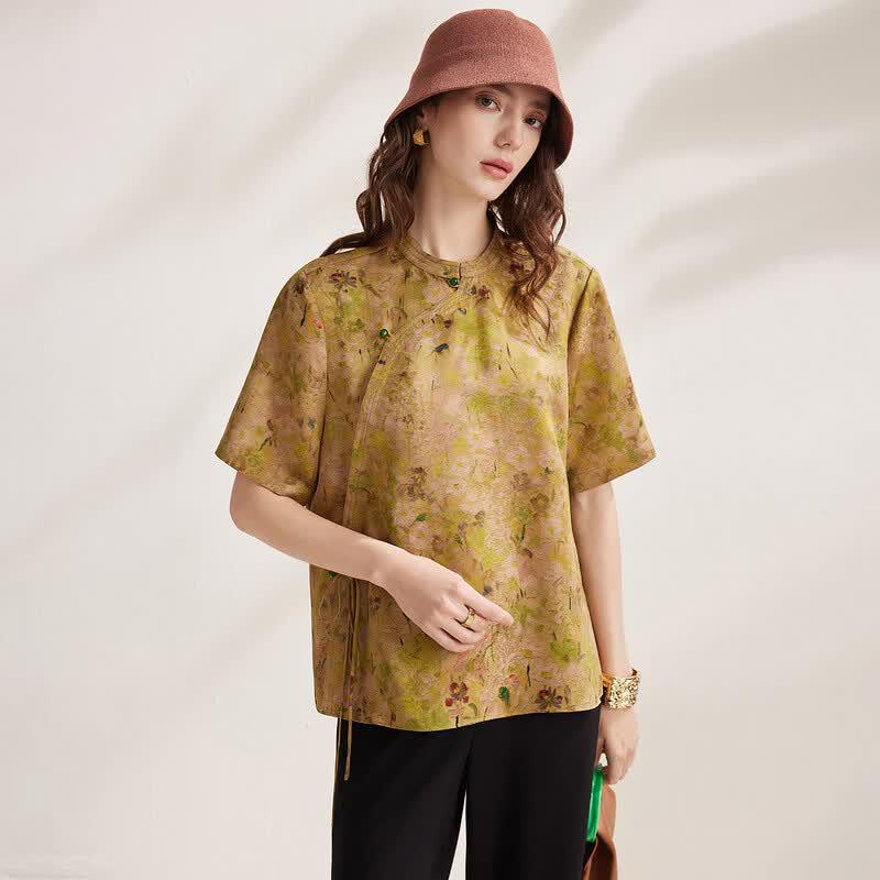Zhaojun New Chinese Style Mulberry Silk Jacquard Short Sleeve Top