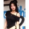 Summer new women's slanted shoulder rivet short-sleeved slim T-shirt short top hot girl