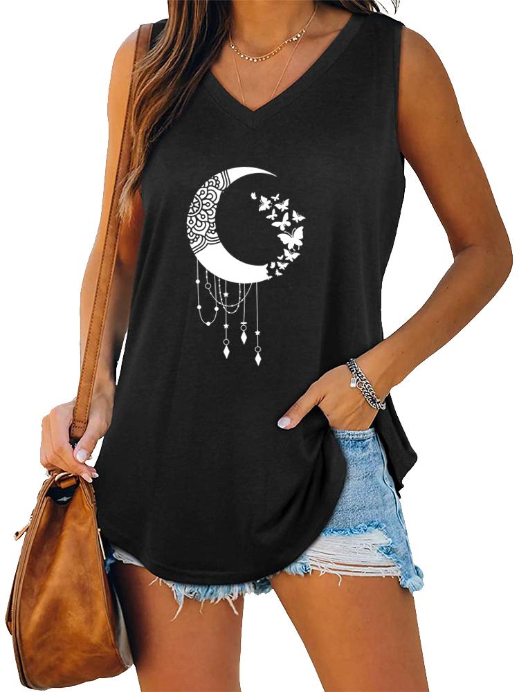 Women Fashion V Neck Printed Sleeveless Top Summer Casual Pullover Loose Tank Top