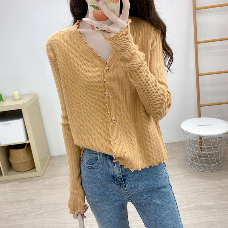 New Lazy Wind Long Sleeve Knitted Sweater Top Thin Cardigan Sweater Women's Fungus Edge Jacket