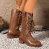 Retro Embroidered Medium Boots Western Cowboy Boots Women's Autumn and Winter New Thick Heel Strap Knight Boots