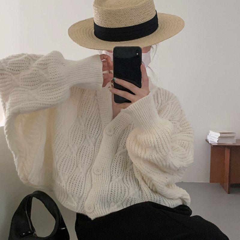 Cardigan Tricoté Style Doux, Coupe Ample et Décontractée, pour Femmes, Court, Col en V, Manches Chauve-souris, Manteau Pull