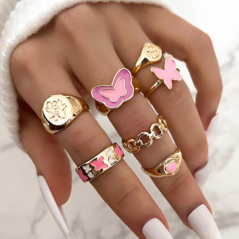 Bohemia Geometric Colorful Enamel Kunckle Ring Set For Women Butterfly Heart Sign Finger Ring Female Daily Jewelry