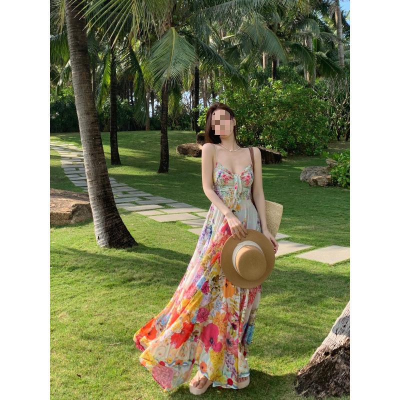 French Pure Desire Color Broken Flower Suspender High Waist Pendulum Seaside Vacation Dress Women