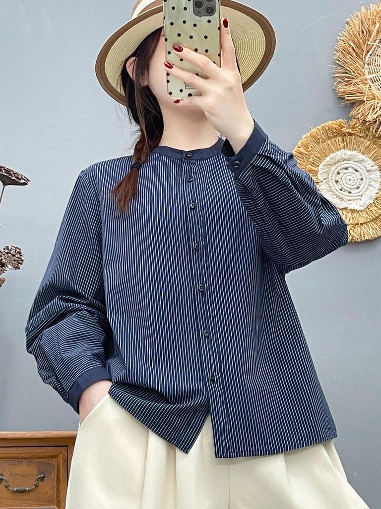 Women's Pure Cotton Striped Stand Collar Long Sleeve Shirt, Loose and Slimming Fit