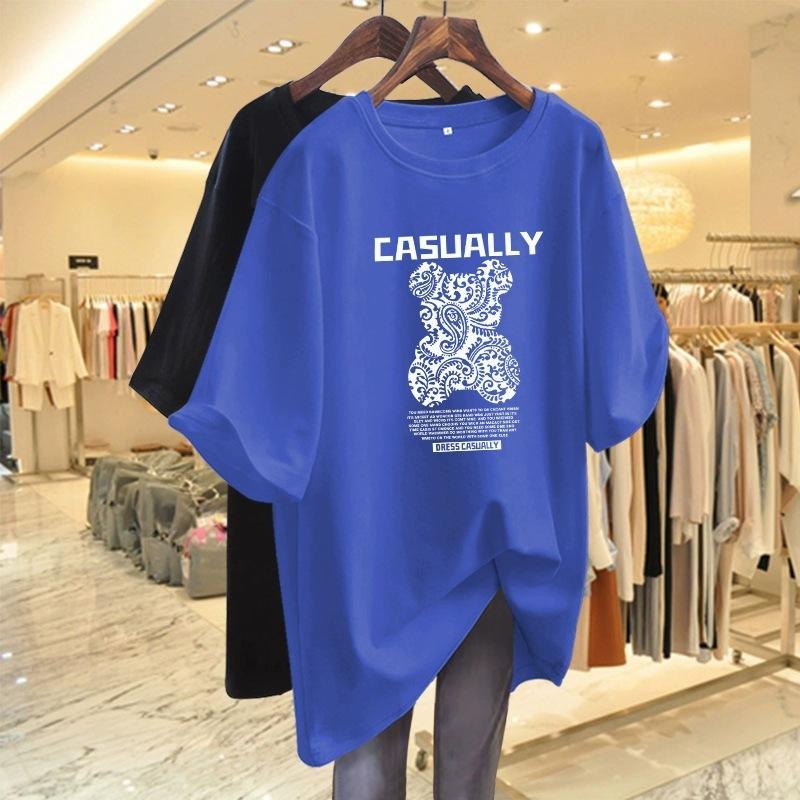 Pure Cotton Bear Print Short Sleeve T-shirt for Women In Summer New Loose Large Size Mid-Length Top for Butt