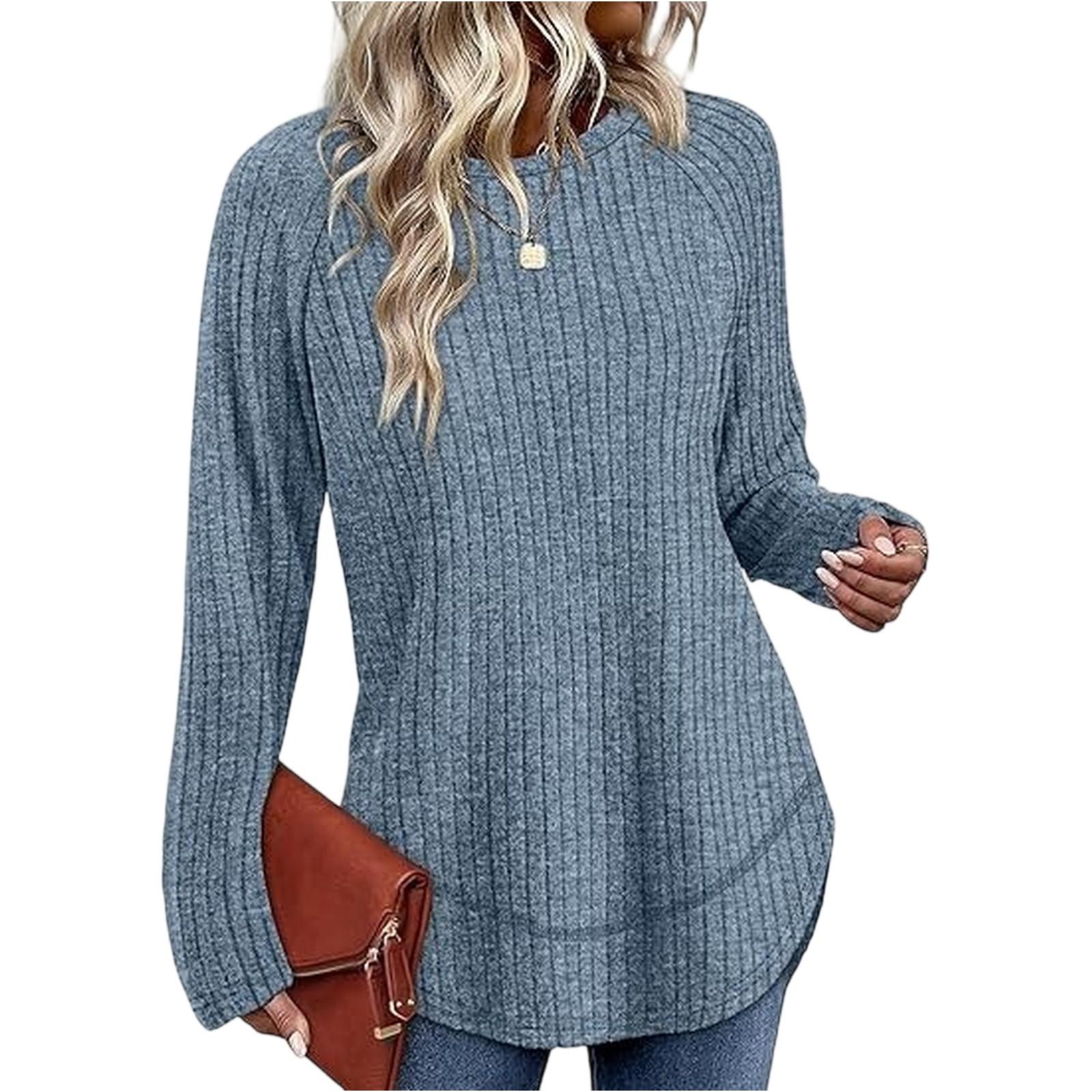 

Женский модный однотонный топ с круглым вырезом L синий