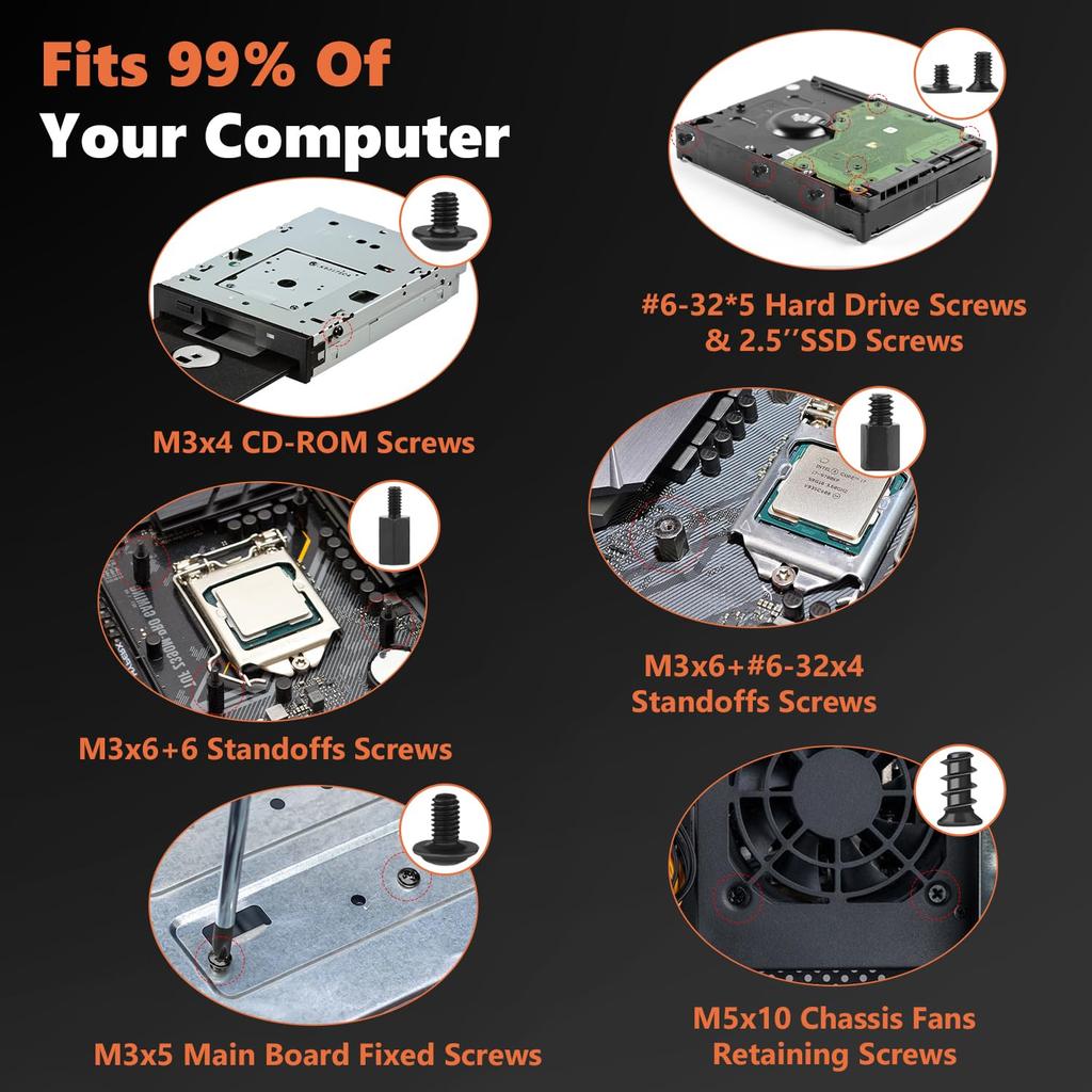 510PCS Computer Screws Assortment Kit, Carbon Steel Black Zinc Plated Motherboard Standoffs Screws PC Screws for HDD, SSD Hard Drive Fan, Power