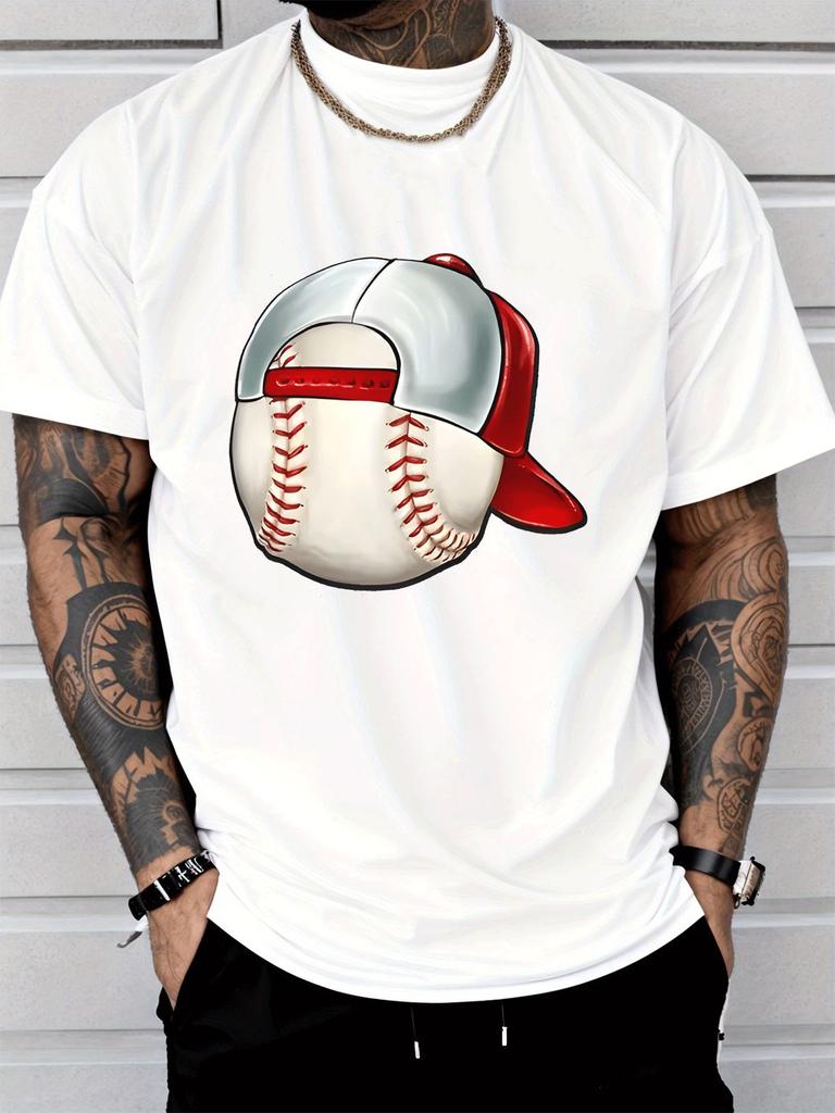 Mens Red Crew Neck Tee Fun Baseball With Red White Cap Art Graphic Print Loose Summer Street Ca